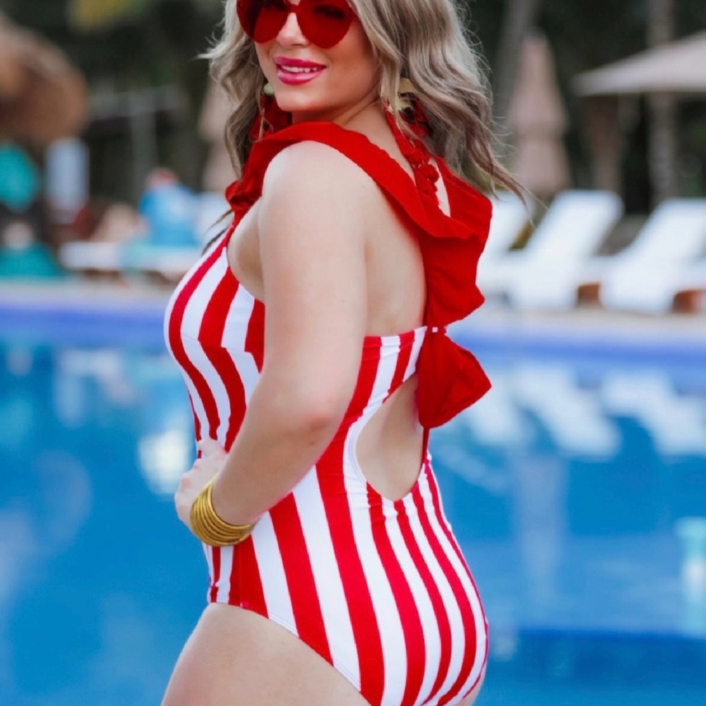 NWT Chic Red and White Striped Ruffle One Piece Women's Swimsuit